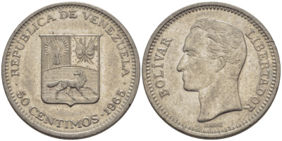 Венесуэла 50 сентимо 1965 Симон Боливар KM 41, Schon 51 никель 31-516