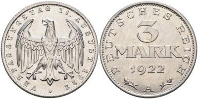 Германия 3 марки 1922 А, третья годовщина Веймарской Конституции KM 29, J.303 алюминий UNC 91-1043
