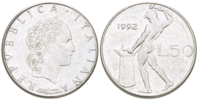 ИТАЛИЯ 50 ЛИР 1992 R, КУЗНЕЦ, ВУЛКАН БОГ ОГНЯ, ДИАМЕТР 16,5 ММ. KM 95.2 нержавеющая сталь 4528-113