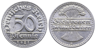 ГЕРМАНИЯ 50 ПФЕННИГОВ 1921 D KM 27, J. 301 алюминий 4380-837