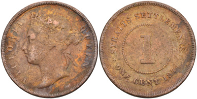 Стрейтс-Сетлментс 1 цент 1874 Виктория (1837-1901), Ост-Индская компания KM 9 медь 4590-334