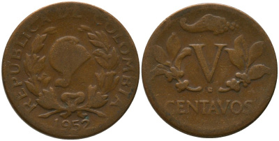 Колумбия 5 сентаво 1952 B KM 206, Schon 27, Hernandez 381, Restrepo 370.12 медь 4576-1227