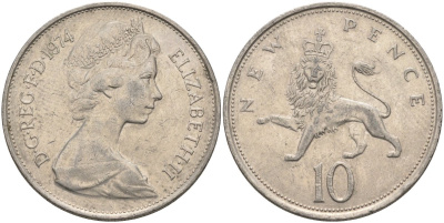 Великобритания 10 пенсов 1974 Елизавета II (1952-2022) KM 912, Spink 4231 (F1) медно-никель 4587-925