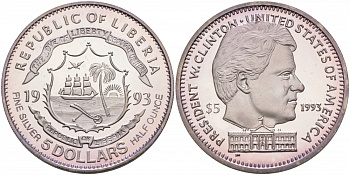 Либерия 5 долларов 1993 42 ой Президент США Билл Клинтон, 1/2 OZ KM 67 серебро PROOF 02-037-44