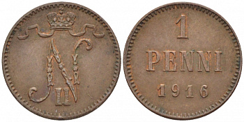 РОССИЯ ДЛЯ ФИНЛЯНДИИ 1 ПЕННИ 1916 НИКОЛАЙ II (1895-1917) KM 13, Биткин 476 медь 211-1056