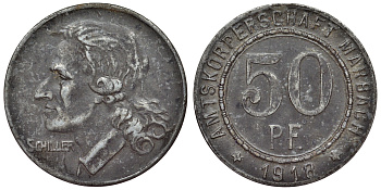 Марбах 50 пфеннигов 1921 Фридрих Шиллер Funck 316.3, Men05 16251.3, Men18 20385.3 цинк     4121-337
