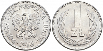 ПОЛЬША 1 ЗЛОТЫЙ 1976 КРЕМНИЦА KM 49.1 алюминий UNC 68-425