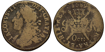 Ирландия 1/2 крона 1689 Джеймс I (1685-1691) бронза 441-335