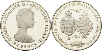 Остров Вознесения 25 пенсов 1981 королевская свадьба принца Чарльза и леди Дианы Спенсер KM 3а серебро PROOF 00-000