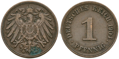 Германия 1 пфенниг 1904 G, Вильгельм II (1888-1918) KM 10, J. 10 медь 4608-229