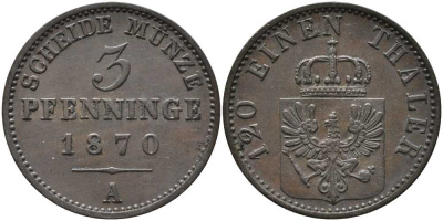 ПРУССИЯ 3 ПФЕННИГА 1870 А, ВИЛЬГЕЛЬМ I (1861-1888) KM 482 медь 4448-1146