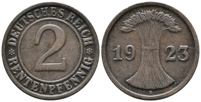 ГЕРМАНИЯ 2 РЕНТЕНПФЕННИГА 1923 D KM 31, J. 307 бронза 24-444