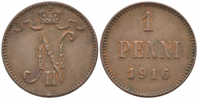 РОССИЯ ДЛЯ ФИНЛЯНДИИ 1 ПЕННИ 1916 НИКОЛАЙ II (1895-1917) KM 13, Биткин 476 медь 211-1056