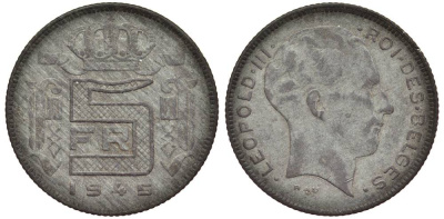 БЕЛЬГИЯ 5 ФРАНКОВ 1945 BELGES, ГЕРМАНСКАЯ ОККУПАЦИЯ, ВТОРАЯ МИРОВАЯ ВОЙНА KM 129.1 цинк 27-953