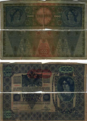 АВСТРИЯ 1000 КРОН 1919 КРАСНАЯ ГОРИЗОНТАЛЬНАЯ НАДПЕЧАТКА НА 1922 Pick 60 бумага 7205-46-2