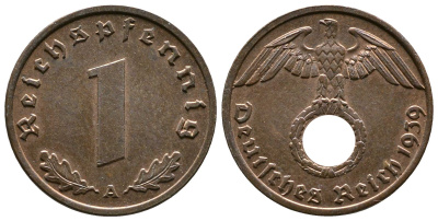Германия 1 рейхспфенниг 1939 A KM 89, J. 361 бронза    220-334