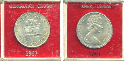 Гибралтар 1 крона 1967 Елизавета II (1952-2022), старый замок, в оригинальной пластиковой коробке, первый год чекана KM 4 медно-никель UNC 6-6-1-10