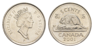 Канада 5 центов 2001 P, Елизавета II (1952-2022), бобр KM 182b сталь плакированная никелем UNC 4639-529