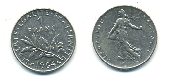 Франция 1 франк 1964 сеятель KM 925.1, Le Franc 226.8 никель 86-1813