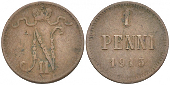 РОССИЯ ДЛЯ ФИНЛЯНДИИ 1 ПЕННИ 1915 НИКОЛАЙ II KM 13, Биткин 475 медь 4396-1466