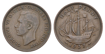 Великобритания 1/2 пенни 1937 Георг VI (1936-1952) KM 844, Spink 4115 бронза    4660-611
