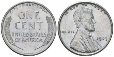 США 1 цент 1943 Авраам Линкольн KM 132 a сталь покрытая цинком aUNC 112-867