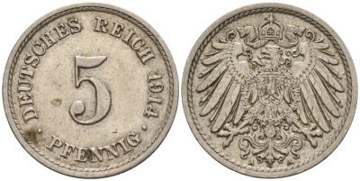 Германия 5 пфеннигов 1914 A KM 11, J. 12 медно-никель 4151-545