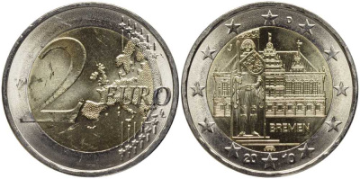 ФРГ 2 евро 2010 J, Бремен, городская ратуша и Роланд, серия Федеральные земли Германии KM 285 биметалл UNC 115-1221