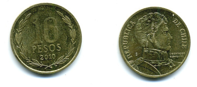 ЧИЛИ 10 ПЕСО 2010 ГЕНЕРАЛ БЕРНАРДО О ХИГГИНС KM 228.2 никель-бронза 37-944