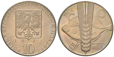 Польша 10 злотых 1971 MW, Продовольственная программа - ФАО Y 63 медно-никель UNC 4616-825