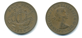 Великобритания 1/2 пенни 1958 Елизавета II (1952-2022) KM 896, Spink 4158 бронза 89-451