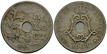 Бельгия 25 сантимов 1908 Belgique KM 62 медно-никель 4168-1144