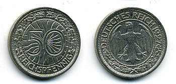 Германия 50 рейхспфеннигов 1927 A KM 49, J. 324 никель 58-135