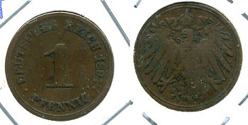 ГЕРМАНИЯ 1 ПФЕННИГ 1894 F KM 10, J. 10 медь 701-125