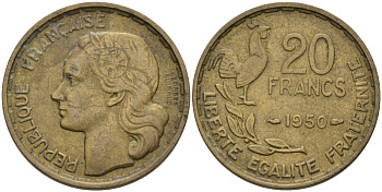 Франция 20 франков 1950 петух, полная подпись, 4 пера KM 916.1, Le Franc 401.3 алюминиевая бронза 4391-1132