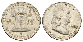 США 1/2 доллара (50 центов) 1954 Бенджамин Франклин, колокол KM 199 серебро    4653-112