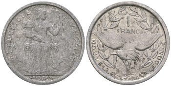 Французская Новая Каледония 1 франк 1972 птица кагу, (IEOM) KM 10, Schoen 10, Lec 38 алюминий    51-442