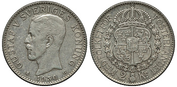 Швеция 2 кроны 1930 G, Густав V (1907-1950) KM 787 серебро 221-534