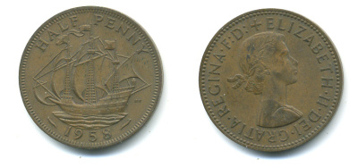 Великобритания 1/2 пенни 1958 Елизавета II (1952-2022) KM 896, Spink 4158 бронза 89-451