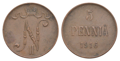 Россия для Финляндии 5 пенни 1916 Николай II (1894-1917) Биткин 456 медь 4605-645