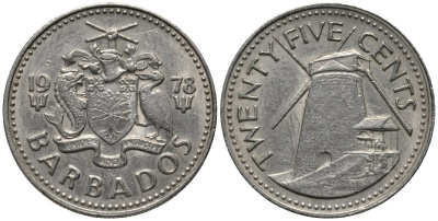 Барбадос 25 центов 1978 ветряная мельница Моргана Льюиса KM 13 медно-никель 4577-1151