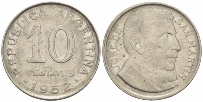Аргентина 10 сентаво 1952 генерал Хосе де Сан Мартин KM 47а сталь плакированная никелем 105-555