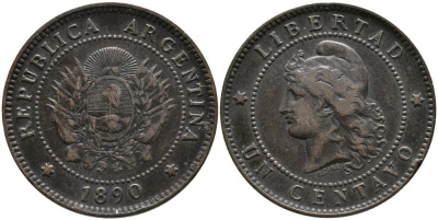 Аргентина 1 сентаво 1890 голова свободы влево KM 7 бронза 4525-1032