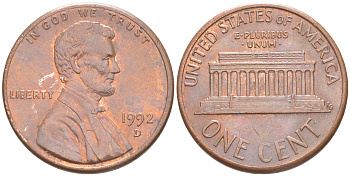 США 1 ЦЕНТ 1992 D, ЛИНКОЛЬН KM 201b цинк плакированный медью UNC 187-663
