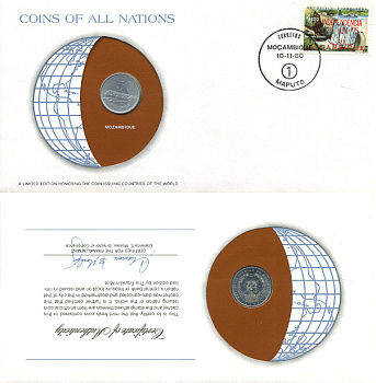 Мозамбик 50 сентаво 1980 конверт с маркой первого дня гашения, Coins of Nations KM 98 алюминий UNC 4294-68-3
