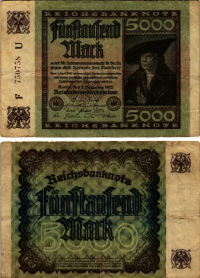 ГЕРМАНИЯ 5000 МАРОК 1922 2 ДЕКАБРЯ 1922, ВОДЯНОЙ ЗНАК Е, В ЗВЁЗДАХ G/D, ДЮРЕР Pick 81а бумага 7487-16-2