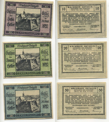 АВСТРИЯ, ВАЧАУ НАБОР ИЗ 3 БАНКНОТ 1920 30 СЕНТЯБРЯ 1920, НОТГЕЛЬД, 10, 20, 50 ГЕЛЛЕРОВ, SPITZ am der DONAU бумага XF 70-4-3