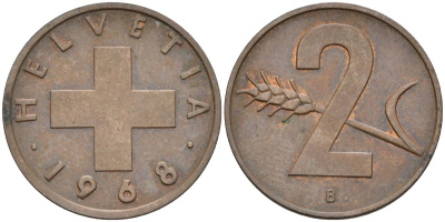 Швейцария 2 раппена 1968 В KM 47 бронза 4582-1056