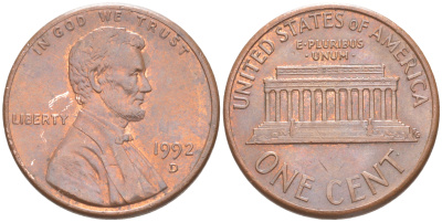 США 1 ЦЕНТ 1992 D, ЛИНКОЛЬН KM 201b цинк плакированный медью UNC 187-663