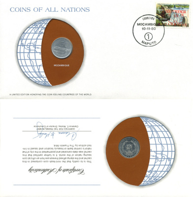 Мозамбик 50 сентаво 1980 конверт с маркой первого дня гашения, Coins of Nations KM 98 алюминий UNC 4294-68-3